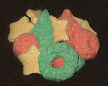 Tea sugars shaped like Christmas wreaths, trees, ornaments, and stars