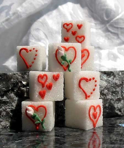 Decorated sugar cubes featuring different heart designs